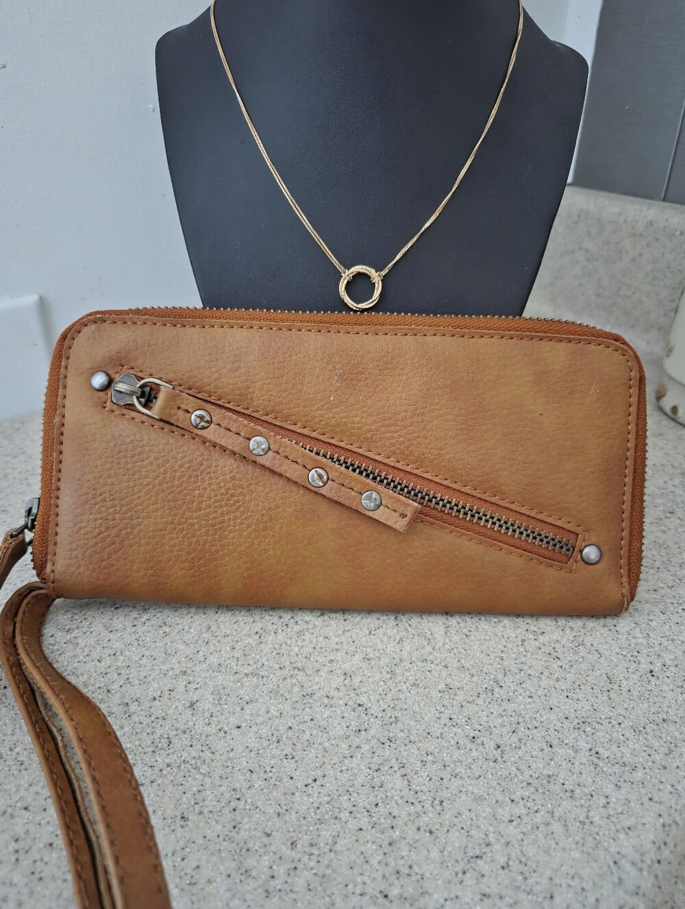 Free People Tan Distressed Vegan Leather Zip-Around Wristlet Wallet